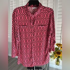 NEW YORK & COMPANY Pink & Black Button Down V-neck 3/4 Sleeve Blouse Size XL
